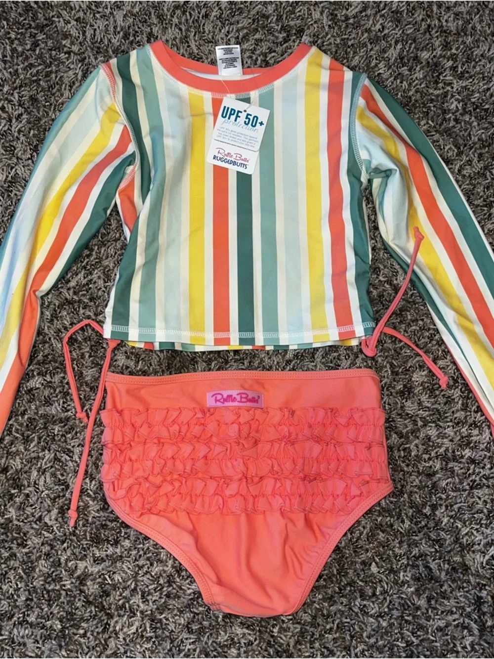Girls UPF 50+ Coral High-Waist Bikini Bottom & Striped Long-Sleeve Rash Guard